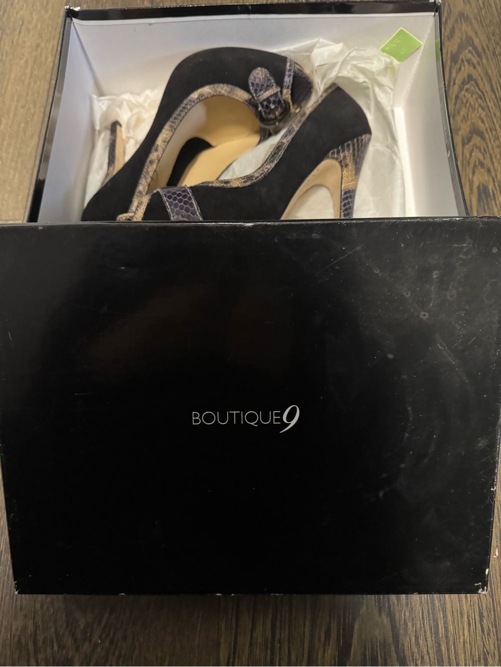 Boutique 9 Black Suede Peep-Toe Heels with Snakeskin Accent - Picture 6 of 6